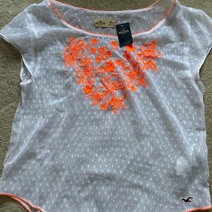 Hollister White Sheer Blouse with Neon Orange Floral Embroidery